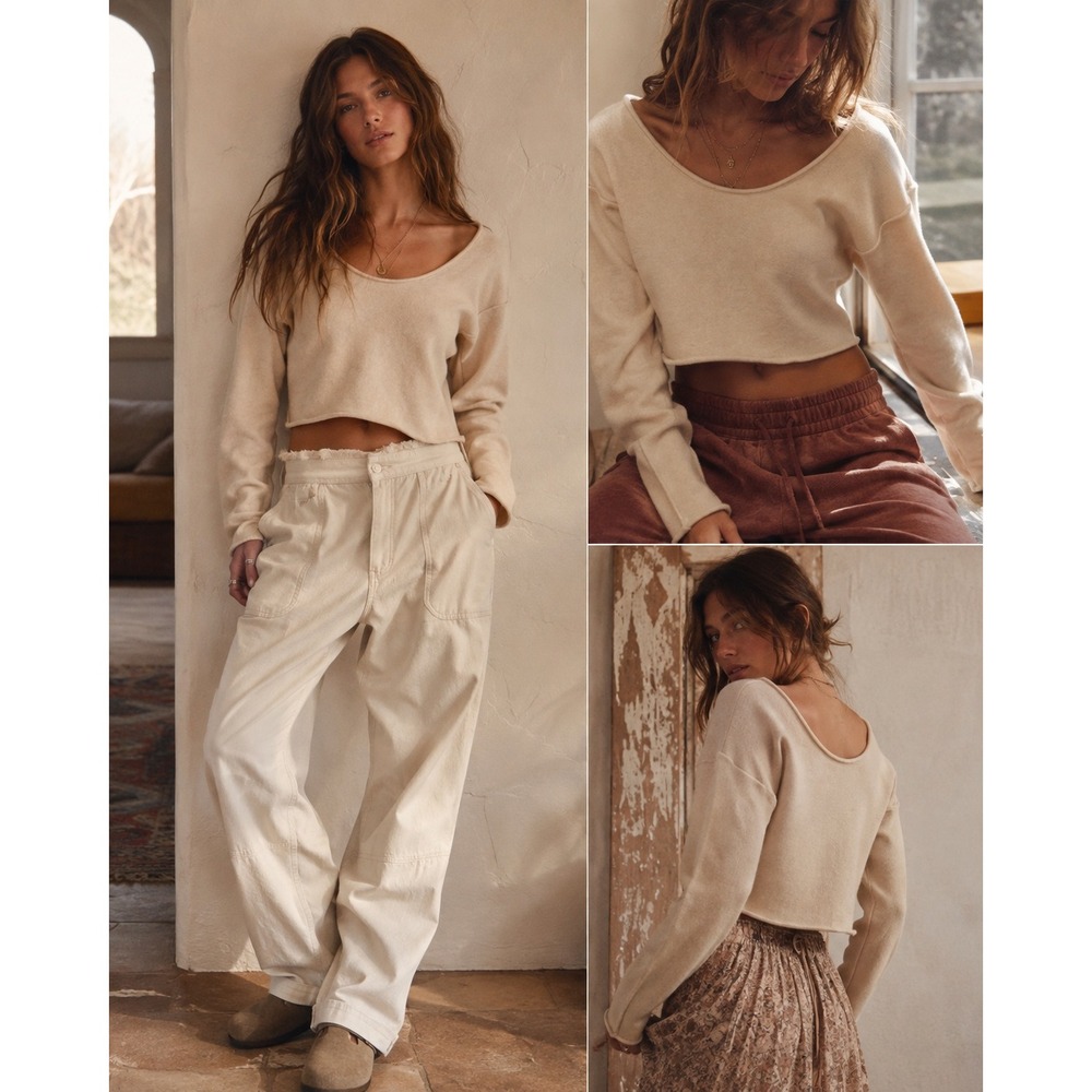 100% Cashmere Free People Cream Cropped Scoop Neck Sweater Exposed Back Seam XS